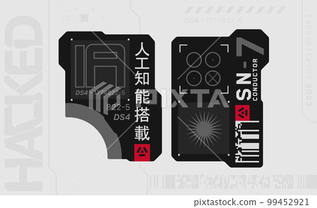 Cyberpunk decal. Vector sticker, label in futuristic style. Sci fi signs, inscriptions and symbols. 99452921
