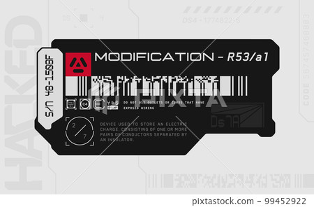 Cyberpunk decal. Vector sticker, label in futuristic style. Sci fi signs, inscriptions and symbols. 99452922