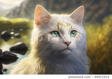 Portrait of domestic cat with white fur outdoors with nature background. Neural network AI generated art Portrait of domestic cat with white fur outdoors with nature background. Neural network AI generated art 99452924