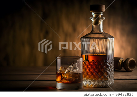 Old whiskey glass close to vintage bottle on wooden table. Neural network AI generated art Old whiskey glass close to vintage bottle on wooden table. Neural network AI generated art 99452925