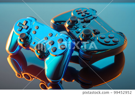 Two console gaming controllers with many buttons and glossy shiny body surface. Neural network AI generated art 99452952