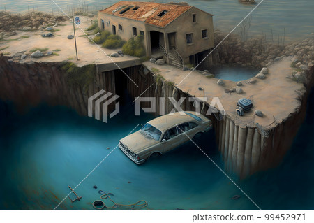 Flooding in the residental area after hurricane storm accident. Neural network AI generated art 99452971