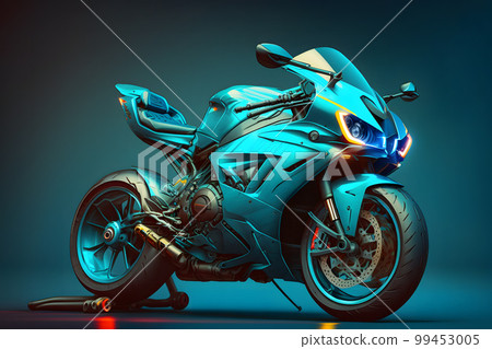 Futuristic custom angled light motorcycle concept with glowing blue tones. Neural network AI generated art 99453005
