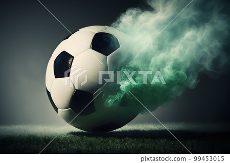 Traditional soccer ball on soccer field on green grass with dark toned foggy background. Neural network AI generated art Traditional soccer ball on soccer field on green grass with dark toned foggy background. Neural network AI generated art 99453015