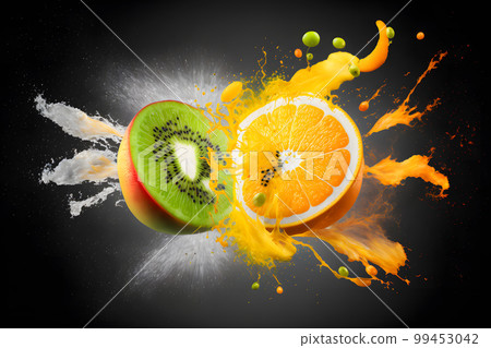 Qiwi and orange explosion splash moment on black background. Neural network AI generated art 99453042