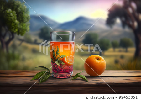 Glass of abstract fruit juice with fresh fruits on wooden table with summer field background. Neural network AI generated art Glass of abstract fruit juice with fresh fruits on wooden table with summer field background. Neural network AI generated art 99453051