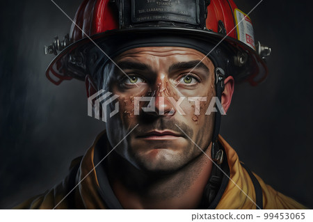 Portrait of firefighter dirty face in special... - Stock Illustration ...