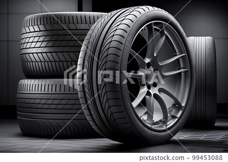 New car wheels for auto industry, service and maintenance repair business technology automotive concept. Neural network AI generated art New car wheels for auto industry, service and maintenance repair business technology automotive concept. Neural network AI generated art 99453088