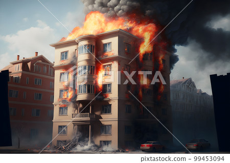 Multistorey residental or office building on fire. Neural network AI generated art 99453094