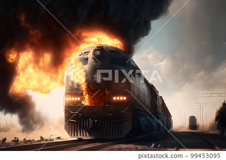 Burning train car on fire accident on train yard. Neural network AI generated art Burning train car on fire accident on train yard. Neural network AI generated art 99453095
