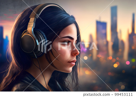 Portrait of young girl with black hair listening music with headphones on city street. Neural network AI generated art Portrait of young girl with black hair listening music with headphones on city street. Neural network AI generated art 99453111