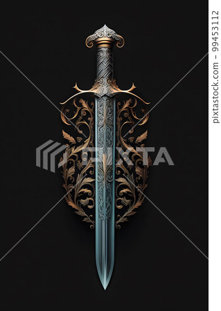 Medieval sword and scabbard. Fantasy golden sword with long blade. Neural network AI generated art Medieval sword and scabbard. Fantasy golden sword with long blade. Neural network AI generated art 99453112