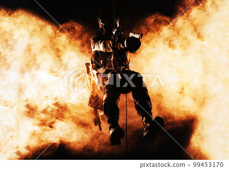 Silhouette of police officer in tactical gear descending from a height, rope exercises with weapons. Tactical rappelling, anti-terror or counter terrorism operation in darkness in rappelling harness Silhouette of police officer in tactical gear descending from a height, rope exercises with weapons. Tactical rappelling, anti-terror or counter terrorism operation in darkness in rappelling harness 99453170