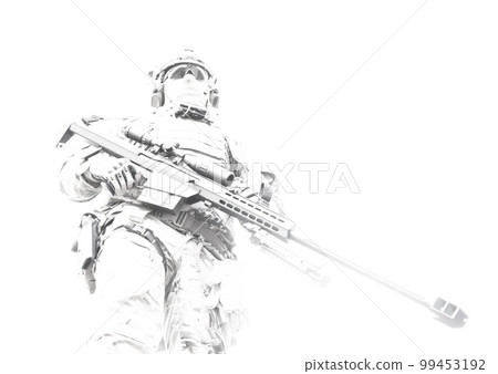 Army sniper of special forces in action posing with large caliber rifle. Low angle view, high key. Standing tall, with their weapon at the ready, skill and confidence of a marksman. Respect for the 99453192