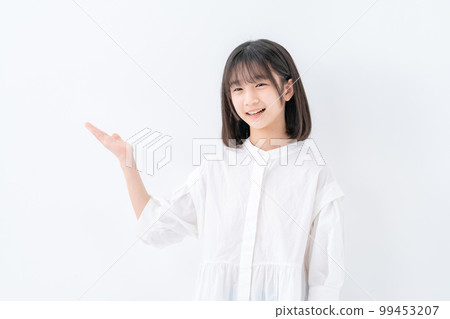 Girl holding hands white background 99453207