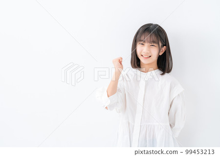 Girl guts pose white background 99453213