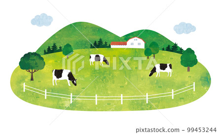 Illustrative view of grassy ranch, mountains and cows 99453244