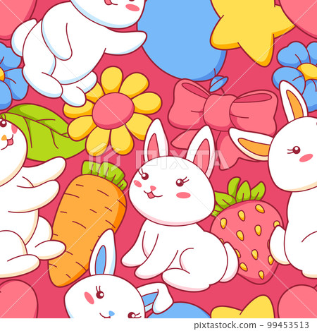 Seamless pattern with cute kawaii little bunnies. Funny characters and decorations in cartoon style. 99453513