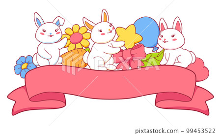 Background with cute kawaii little bunnies. Funny characters and decorations in cartoon style. 99453522