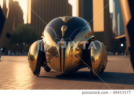 Modern futuristic car with bettle design in city center. Neural network AI generated art Modern futuristic car with bettle design in city center. Neural network AI generated art 99453577
