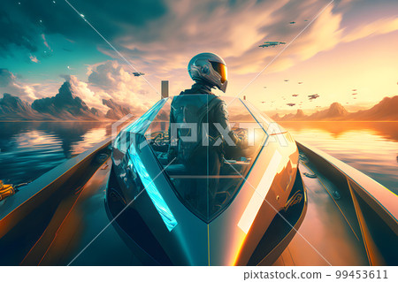 Ship captain on a modern futuristic boat transport at sea. Neural network AI generated art 99453611