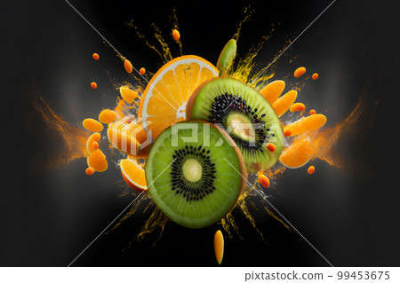 Qiwi and orange explosion splash moment on black background. Neural network AI generated art 99453675