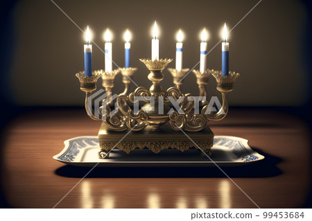 Hanukkah menorah on jewish traditional festive table. Neural network AI generated art Hanukkah menorah on jewish traditional festive table. Neural network AI generated art 99453684