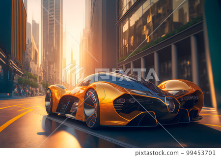 Modern futuristic fast sport car in city center. Neural network AI generated art Modern futuristic fast sport car in city center. Neural network AI generated art 99453701