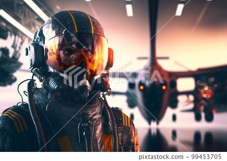 Modern futuristic destroyer jet pilot in helmet. Neural network AI generated art Modern futuristic destroyer jet pilot in helmet. Neural network AI generated art 99453705