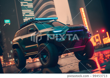 Modern futuristic off-road SUV car in city center. Neural network AI generated art Modern futuristic off-road SUV car in city center. Neural network AI generated art 99453713