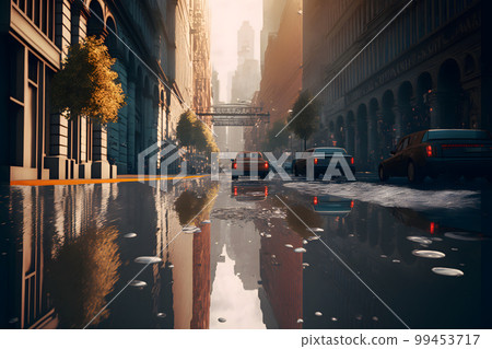 Flood in city center with light sky after heavy rain. Neural network AI generated art 99453717