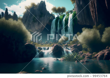 Beautiful landscape with big waterfall in sunny summertime. Neural network AI generated art 99453764