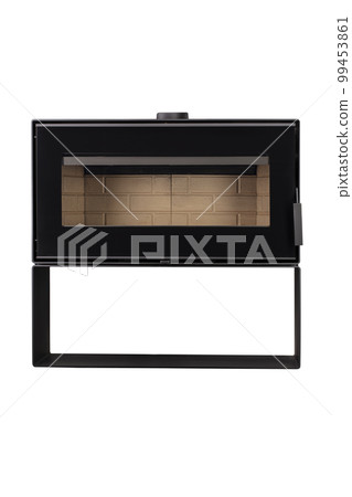 Modern fireplaces for heating from metal and heat-resistant glass. Boiler for solid fuel isolated on white background. Modern fireplaces for heating from metal and heat-resistant glass. Boiler for solid fuel isolated on white background. 99453861