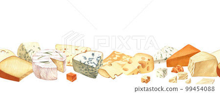 Watercolor different cheese frame template. Hand draw card background with food objects on isolated white. Drink for food menu, cafe, wine list, label, banner, flyer, brochure 99454088