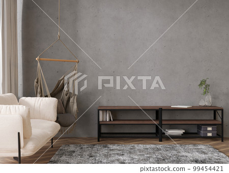 Interior mock up, loft style. Empty wall in modern living room. Copy space for your artwork, picture, poster. Industrial style interior design. Apartment or hotel room. 3D rendering. Interior mock up, loft style. Empty wall in modern living room. Copy space for your artwork, picture, poster. Industrial style interior design. Apartment or hotel room. 3D rendering. 99454421