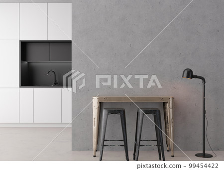 Interior mock up, loft style. Empty wall in modern room. Copy space for your artwork, picture, poster. Industrial style interior design. Apartment or hotel room. 3D rendering. Interior mock up, loft style. Empty wall in modern room. Copy space for your artwork, picture, poster. Industrial style interior design. Apartment or hotel room. 3D rendering. 99454422