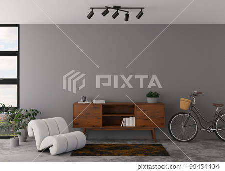 Interior mock up, loft style. Empty wall in modern living room. Copy space for your artwork, picture, poster. Industrial style interior design. Apartment or hotel room. 3D rendering. Interior mock up, loft style. Empty wall in modern living room. Copy space for your artwork, picture, poster. Industrial style interior design. Apartment or hotel room. 3D rendering. 99454434