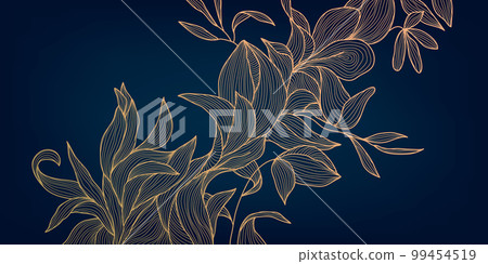 Vector art deco luxury flower line pattern, golden background. Hand drawn wavy plants for packaging, social media post, cover, banner, creative post and wall arts. Japanese style. 99454519