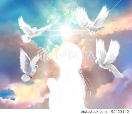 A profile silhouette of a maiden praying to God and a symbol of peace Background illustration with white doves flying in the sky 99455140