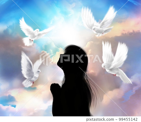 A profile silhouette of a maiden praying to God and a symbol of peace Background illustration with white doves flying in the sky A profile silhouette of a maiden praying to God and a symbol of peace Background illustration with white doves flying in the sky 99455142