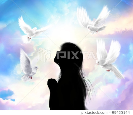 A profile silhouette of a maiden praying to God and a symbol of peace Background illustration with white doves flying in the sky A profile silhouette of a maiden praying to God and a symbol of peace Background illustration with white doves flying in the sky 99455144