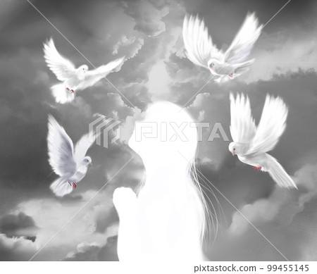 A profile silhouette of a maiden praying to God and a symbol of peace Background illustration with white doves flying in the sky A profile silhouette of a maiden praying to God and a symbol of peace Background illustration with white doves flying in the sky 99455145