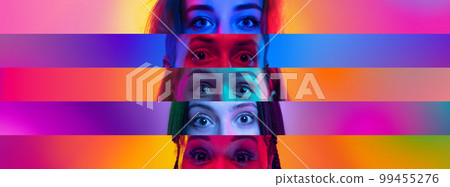 Collage. Widely open. Close-up image of female eyes placed on narrow stripes over multicolored background in neon light 99455276