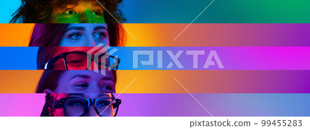 Collage. Looking away. Male and female eyes placed on narrow stripes over multicolored background in neon light Collage. Looking away. Male and female eyes placed on narrow stripes over multicolored background in neon light 99455283