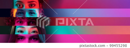 Collage. Different young people looking at camera. Close-up male and female eyes on narrow stripes in neon light 99455298