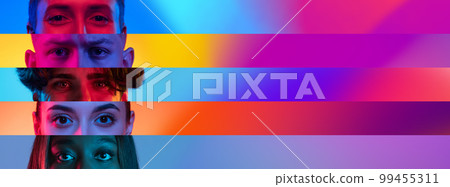 Collage. Close-up images of male and female eyes looking at camera over gradient multicolor background in neon light Collage. Close-up images of male and female eyes looking at camera over gradient multicolor background in neon light 99455311