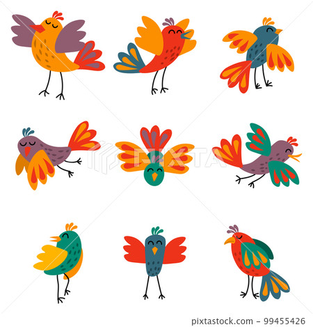 Cute set of birds in different poses in flat style. Flying and standing birds collection isolated on white background. 99455426