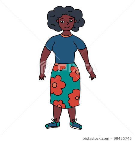 Doodle young fat African American lady in skirt with flowers. Body Positive concept isolated on white background. 99455745