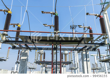 Part of high-voltage substation on blue sky background with switches and disconnectors. Ukrainian energy infrastructure. 99456155