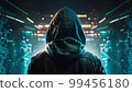 A mysterious hacker in a hoodie, viewed from behind as they look out at a futuristic cityscape 99456180